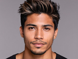 Messy modern pompadour hairstyle on Latino man with natural volume