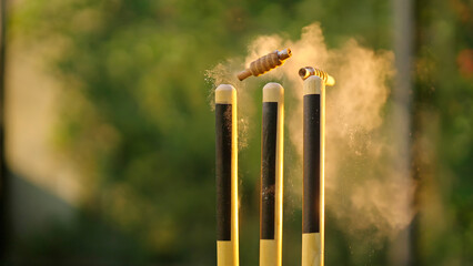 Close up of cricket red ball flying off into air smashing stumps at high speed at ground  © Raushan_films