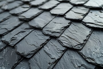 Close up of a durable dark slate rooftop featuring a chimney, blending classic and modern design