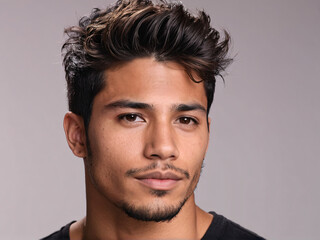 Naklejka premium Messy modern pompadour hairstyle on Latino man with natural volume