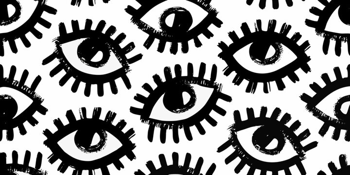 Black and white hand drawn eye pattern on white background eyes graphic