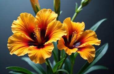 Naklejka premium Bright orange and yellow gladiolus flowers with green leaves against a dark background