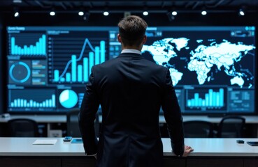 Fototapeta premium Business professional analyzing global data on large digital screens in a modern control room