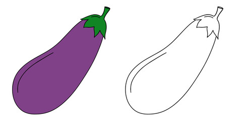 Colorful Eggplant and Line Art Template for Educational Activities and Coloring Books