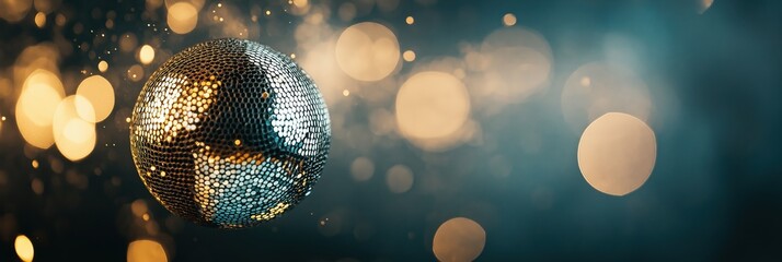 Sparkling disco ball reflecting lights, bokeh background with so