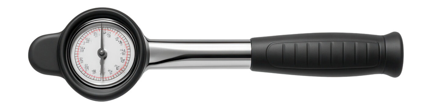 Dial torque wrench with a protective rubber cover for use in heavy machinery servicing.