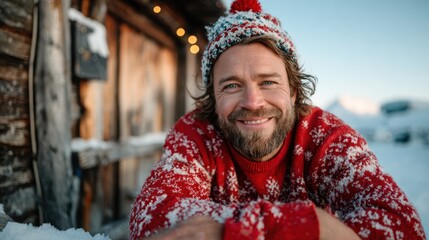 A joyful man sporting a colorful sweater and hat leans against a snowy cabin, embodying the warmth of the holiday spirit against a chilly winter landscape.