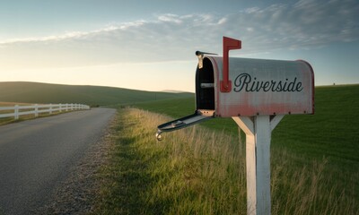 Rustic mailbox on a country road at sunrise