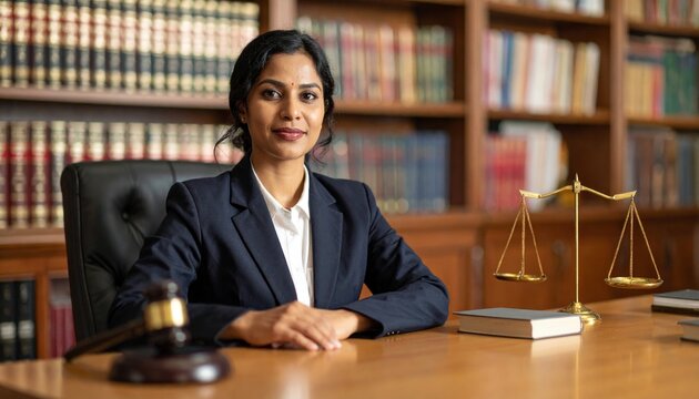 Confident Indian Female Lawyer at Her Desk in a Law Library with Gavel and Scales of Justice.