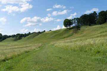 Scenic grassy trail winding through summer meadow and hills. Blue sky with clouds above peaceful countryside. Ideal for travel, wellness, or nature backgrounds.