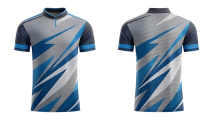 Dynamic short-sleeve polo shirt mockup, featuring a modern abstract blue, grey, and white geometric pattern, perfect for athletic teams, sportswear branding, and custom apparel design projects
