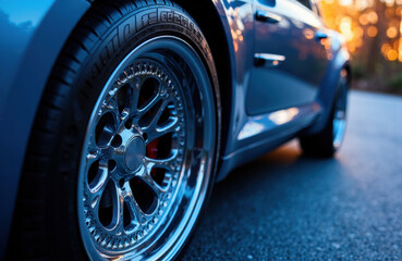 Close-up of a modern car wheel with alloy rim on a sleek vehicle during sunset