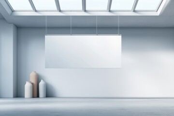 Large horizontal blank white mockup banner hanging in bright contemporary art gallery, advertising copy space