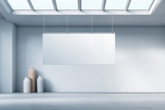 Large horizontal blank white mockup banner hanging in bright contemporary art gallery, advertising copy space