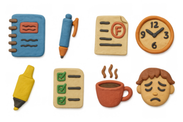 Colorful clay back to school icons set featuring stationery and emotions