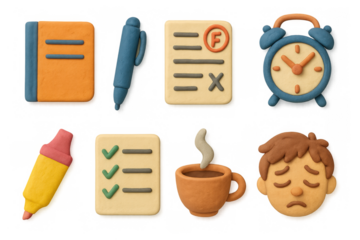 Clay style office icons: notebooks, pens, alarms, and more for creative projects
