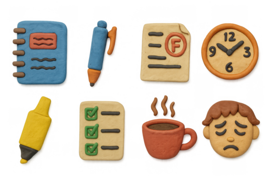 Colorful clay back to school icons set featuring stationery and emotions