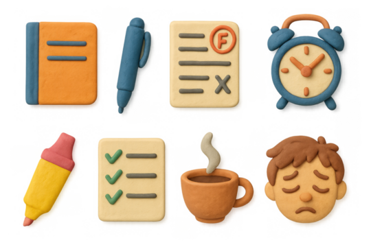 Clay style office icons: notebooks, pens, alarms, and more for creative projects