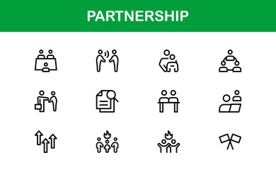 Flat Minimal Partnership Icons – Linear Outline Vector Collection with Handshake, Teamwork, Agreement, Collaboration, Contract, Alliance, Clean Pack for Apps, Web, and UI Projects