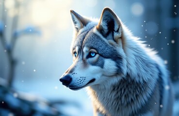 A close-up of a Siberian husky with striking blue eyes in a snowy winter landscape