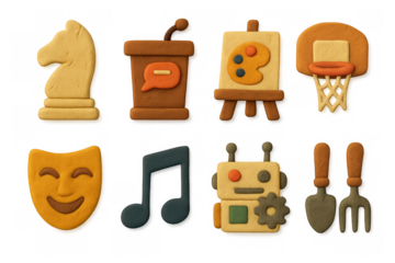 Colorful clay symbols of arts, sports, technology, and strategy