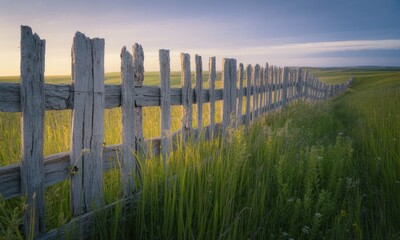 Obraz premium Rustic wooden fence, bathed in golden light, stretches across a grassy field at dawn