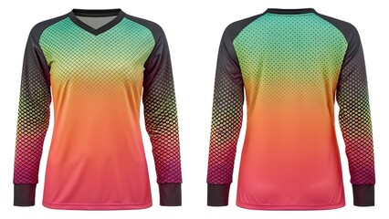 Front and back view of a long sleeve t-shirt mockup with a vibrant ombre gradient pattern, perfect for sports apparel design