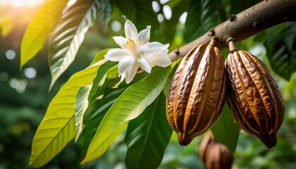 cacao tree branch with ripe cocoa pods and delicate white flowers on lush green leaves