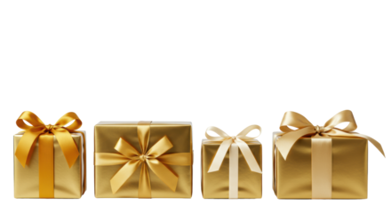 Four golden gift boxes, various sizes, wrapped in matte gold paper with elegant satin bows, on a transparent studio background with soft light, ample copy space, concept of premium recognition and