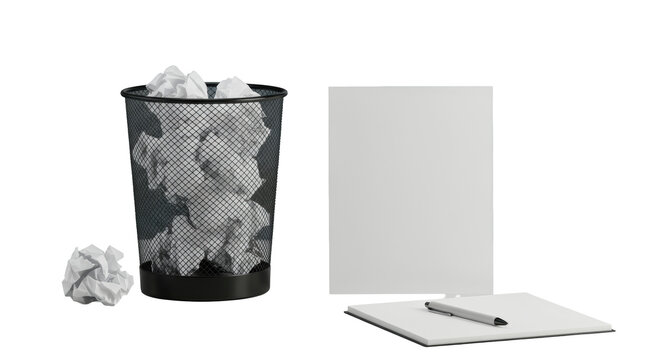 Sleek minimalist wastebasket with crumpled white papers, pristine notebook, and pen on a light desk, blurred background, soft studio light. Concept of creative problem-solving