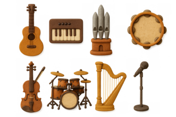 Realistic clay musical instruments set with drum, guitar, harp, and keyboard