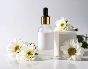 白背景に置かれたスポイト付き化粧品ボトルと白い花の美容コンセプトイラスト｜化粧品ボトル,スポイト瓶,美容液,スキンケア,フラワー