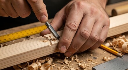 Skilled Carpenter Craftsman Carving Wood with Tools and Shavings on Table