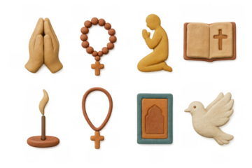 Clay style religious icons: praying hands, dove, rosary, bible, and candle