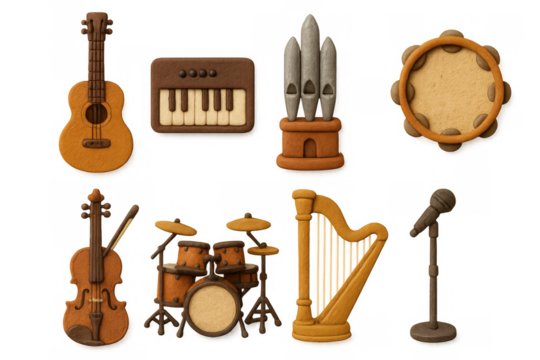 Realistic clay musical instruments set with drum, guitar, harp, and keyboard