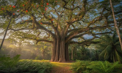 Naklejka premium Massive ancient tree in a lush, sunlit forest