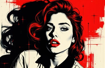 Fototapeta premium Woman with red hair and bold makeup against a red and black abstract background