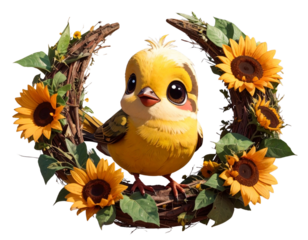 Cute Cartoon Canary Surrounded by Sunflower Wreath, Playful Style, isolated transparent background png