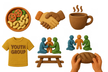 Clay art symbols of community, support, and togetherness in everyday scenes