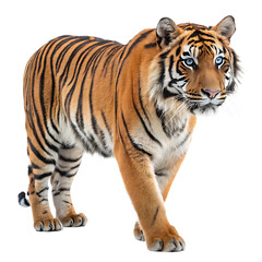 Obraz premium Majestic Bengal Tiger Walking Proudly with Striking Orange and Black Coat and Captivating Blue Eyes isolated against black background revealing powerful grace