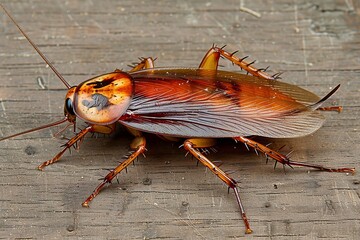 Cockroach on warm kitchen floor under dim light reveals pest intrusion and hygiene issues.