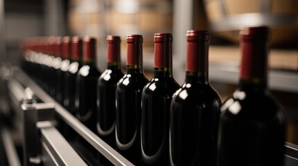 Glossy black wine bottles with red caps align on a conveyor in a modern winery, ambient lighting and blurred shelves emphasize craftsmanship and luxury atmosphere
