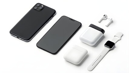 Fototapeta premium High-tech gadget mockup showcasing wireless earbuds, smartwatch, and smartphones for modern lifestyle and technology themes