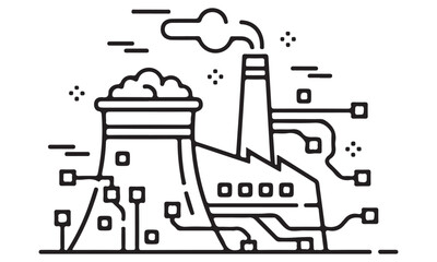 Digital factory illustration, representing industry 4.0 and automation, black and white vector graphic