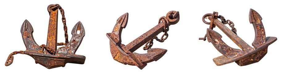 Three Detailed Rusty Anchors With Chain Isolated on Transparent Background Nautical Elements
