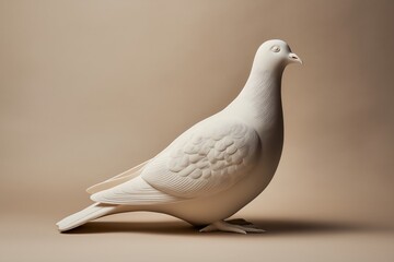 White dove sculpture made of smooth ceramic on beige background, symbolizing peace and eternal memory