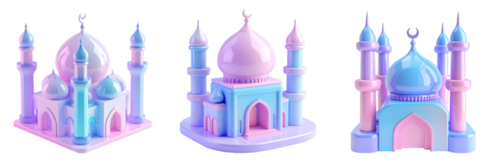 Three Pastel Colored Mosques with Domes Minarets and Crescent Moons in Transparent Background