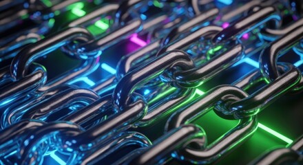 Metal chain links illuminated with neon lights representing blockchain technology and security 100