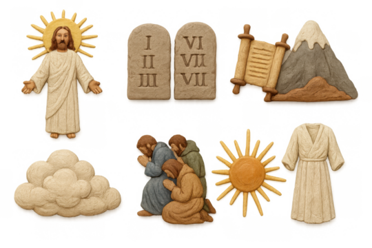 3d biblical scenes with religious figures, symbols, and mountain motif