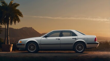 Silver Classic Car Parked Near Palm Tree During Sunset with Mountain Background